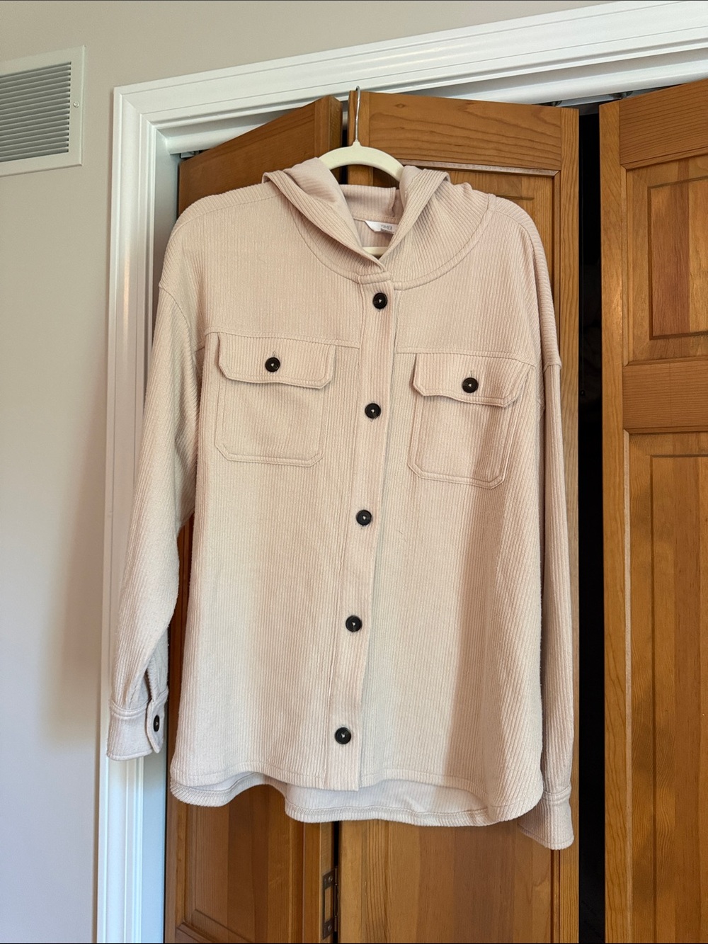 Time and Tru Hooded Button-Up Utility Shacket in Light Tan
